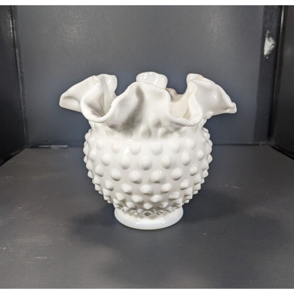 Fenton Other - FENTON WHITE MILK GLASS HOBNAIL 4 1/2" ROSE BOWL VASE RUFFLED CRIMPED EDGE